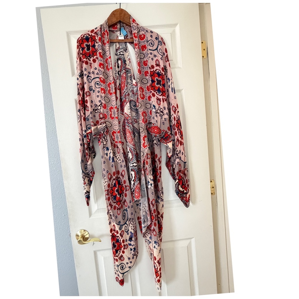 Free People Floral Paisley Duster Kimono in Pink and Red